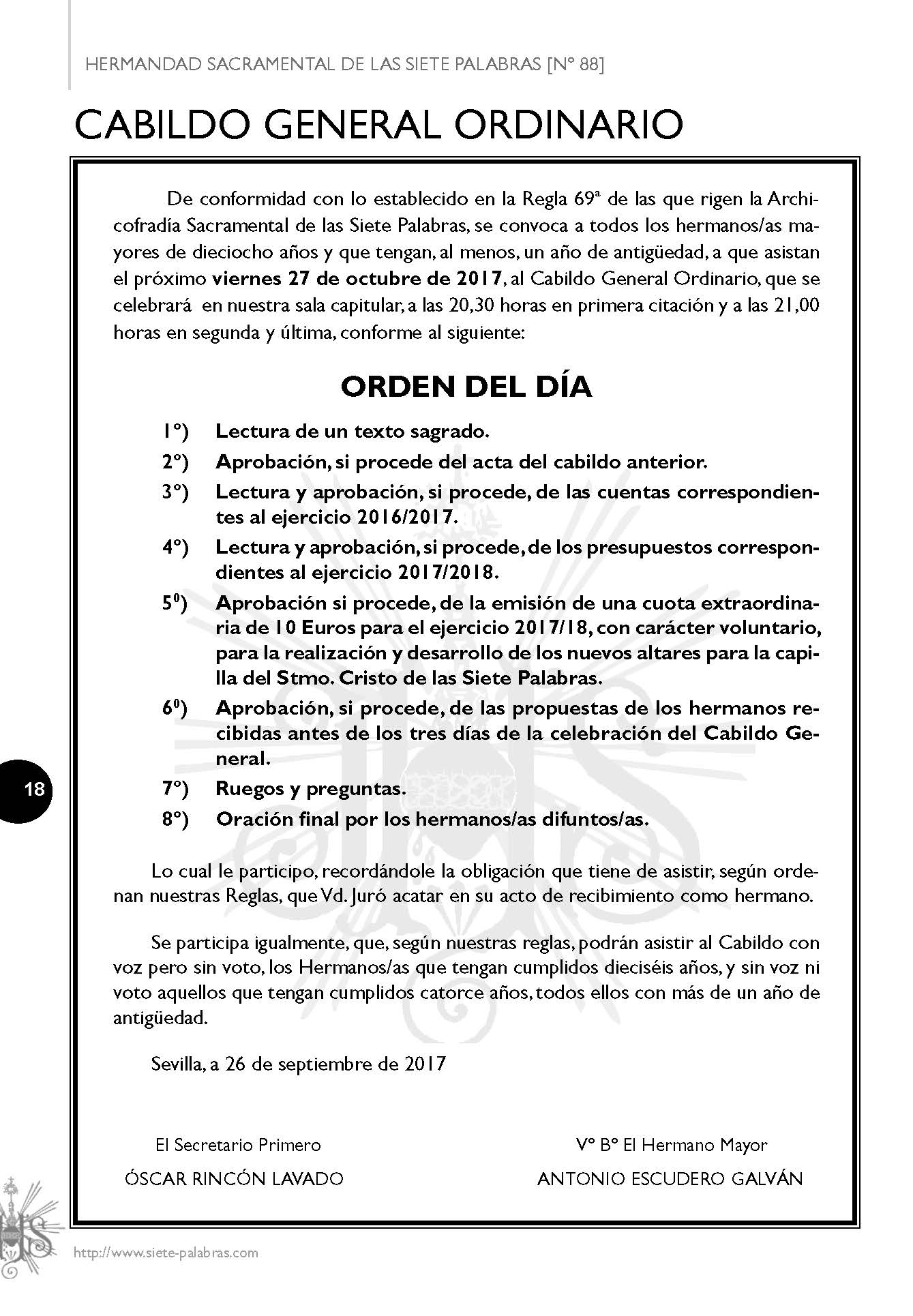 ORDEN DEL DÍA CABILDO GENERAL 27-10-2017